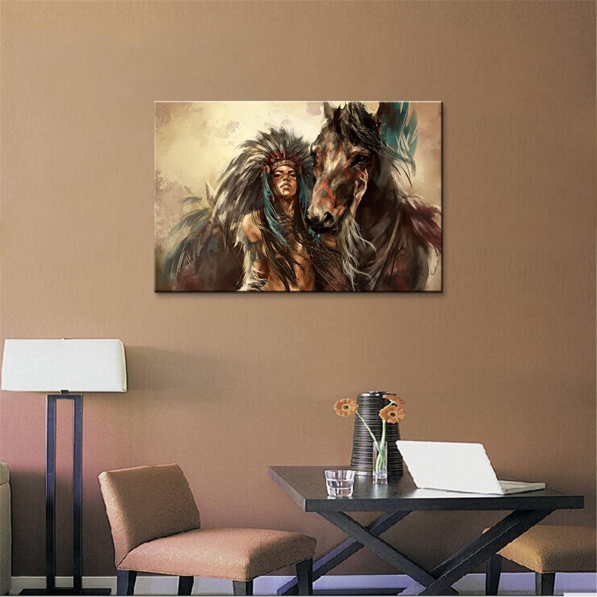 Mistyefly Framed Canvas Wall Art - Indian Girl (16''Hx24''W) - Native American Art - Earthy Tones, Multicolor - Living Room, Bedroom, Office, Hallway