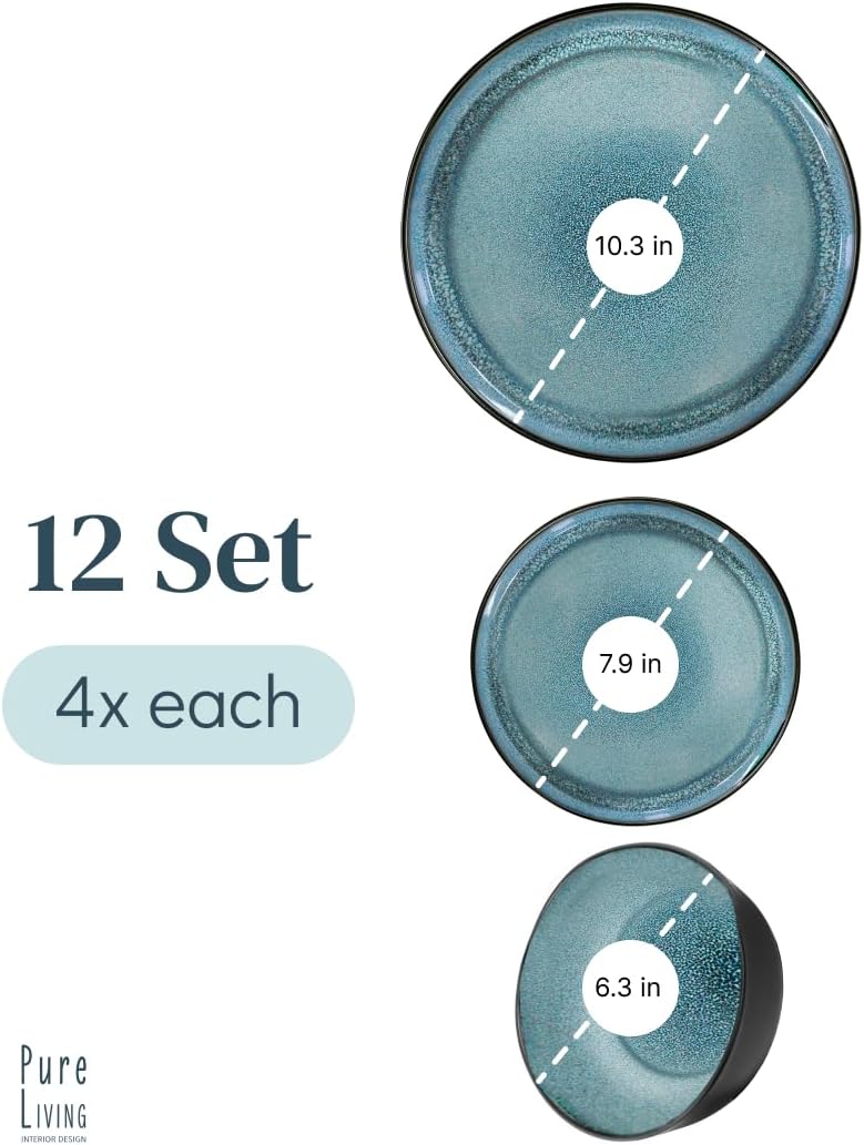 Stoneware dinnerware set 4 persons 12 pcs – Modern style plates and bowls set ceramic – Dishwasher safe and scratch resistant – Bowl and plate set – Dinner service Pure Living black & petrol blue