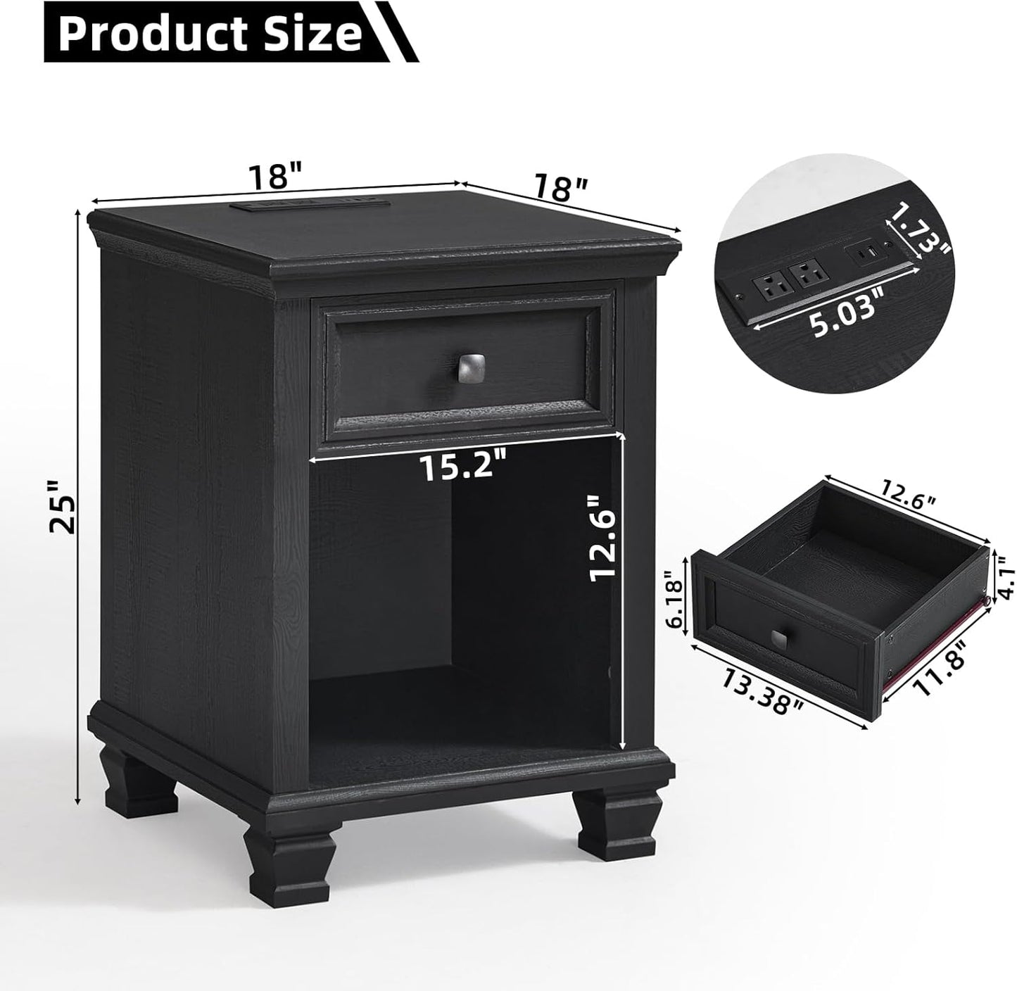 Farmhouse End Tables Living Room Set of 2, Rustic Wood Nightstand with 1 Drawer, Bedside Table with Open Shelf for Bed Room, Side Table for Living Room, Black