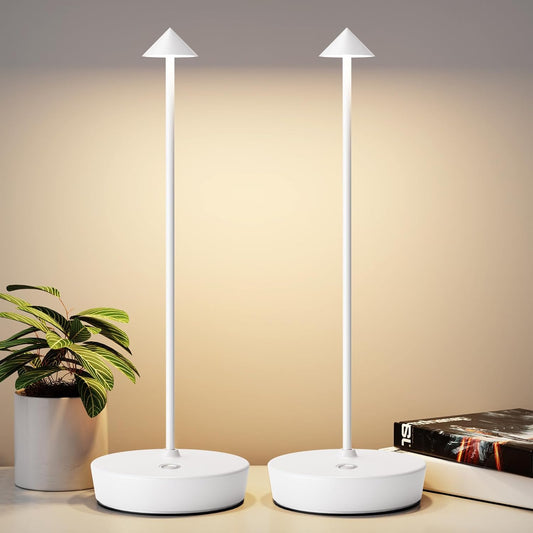 2Pack Rechargeable Cordless Table Lamp, Portable Powered LED Battery 6000mAh Metal USB Desk Lamp, 3 Levels Brightness Light for Restaurants Outdoor (2pack White)