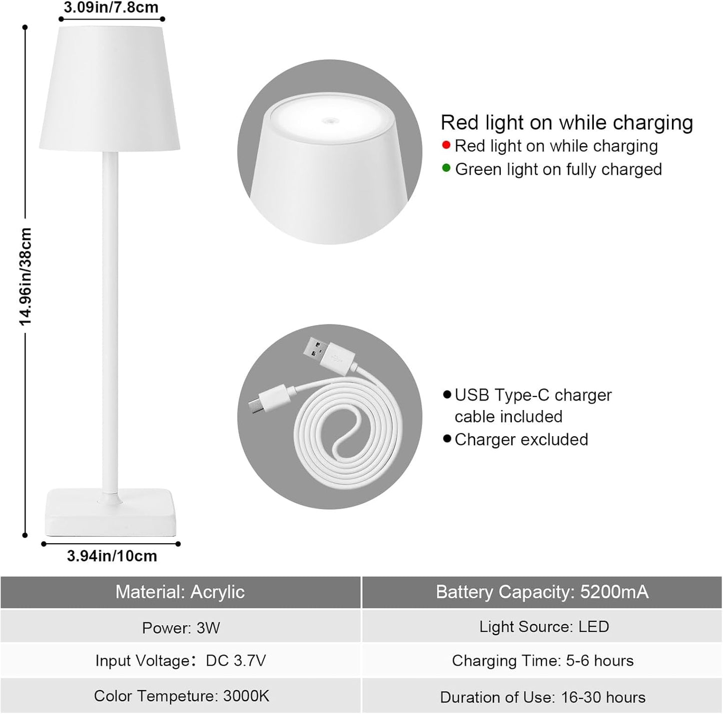 2 Pack Rechargeable Cordless Table Lamps, 5200mAh Battery Touch Table Light, Aluminum Shell Stepless Dimmable Portable LED Desk Lamp for Dinner/Restaurant/Outdoor White
