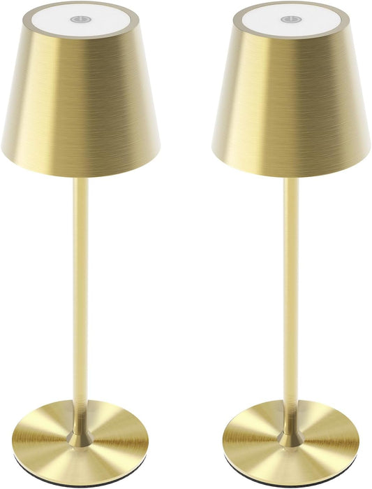 Maksone 2 Pack LED Cordless Table Lamp, 6600mWh Rechargeable Battery Desk Lamp, 3000K Stepless Dimming Night Light, IP54 Waterproof Metal Outdoor Portable Lamp for Camping, Restaurant (Gold)