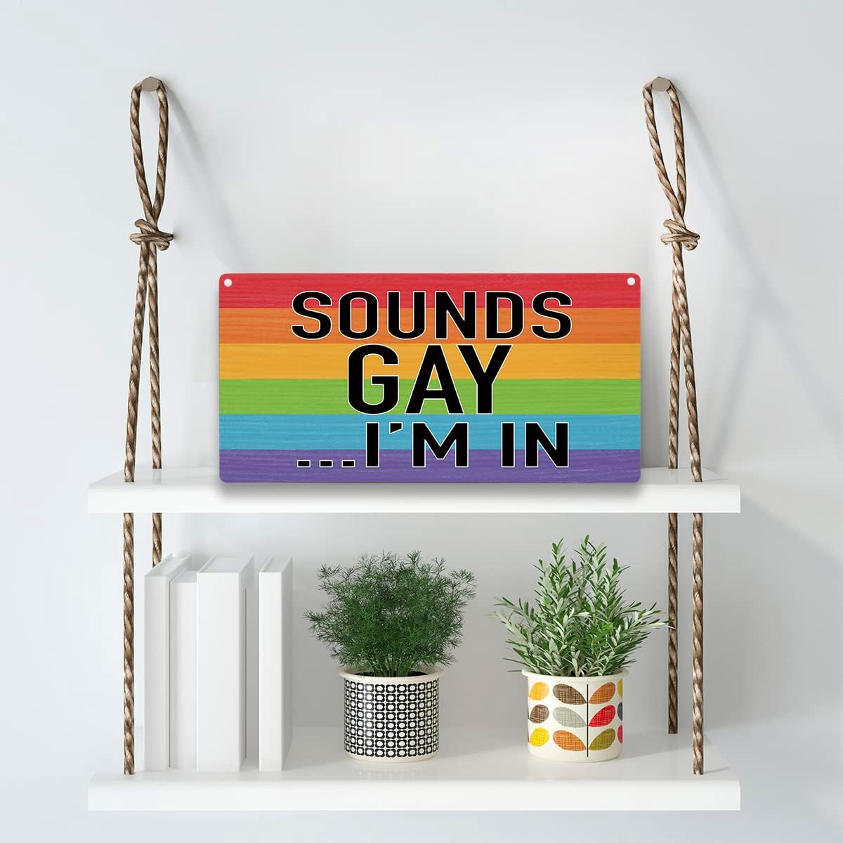 Sounds Gay I'm in Wood Sign Rustic Gay Pride Rainbow Wooden Hanging Plaque for Home Wall Art Decoration 6 x 12 Inches Present