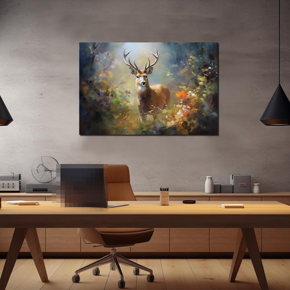 Deer Wall Art Decor Elk Canvas Pictures Forest Landscape Theme Art Print Wildlife Artwork for Living Room Watercolr Animal Canvas Art for Bedroom Bathroom Home Office Decorations(24"×36")