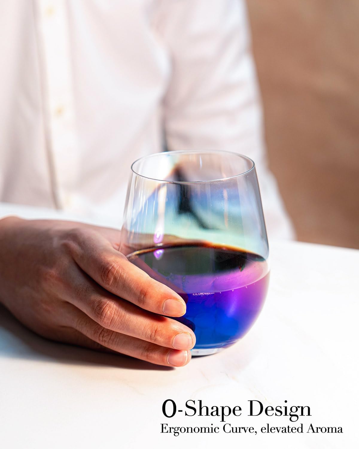 Crystal Stemless Wine Glasses Set of 6, 18 OZ Lead-free iridescent Universal Crystal Wine Glasses for Red and White Wine, Dishwasher Safe Clear Drinking Glassware Set, Color Plated