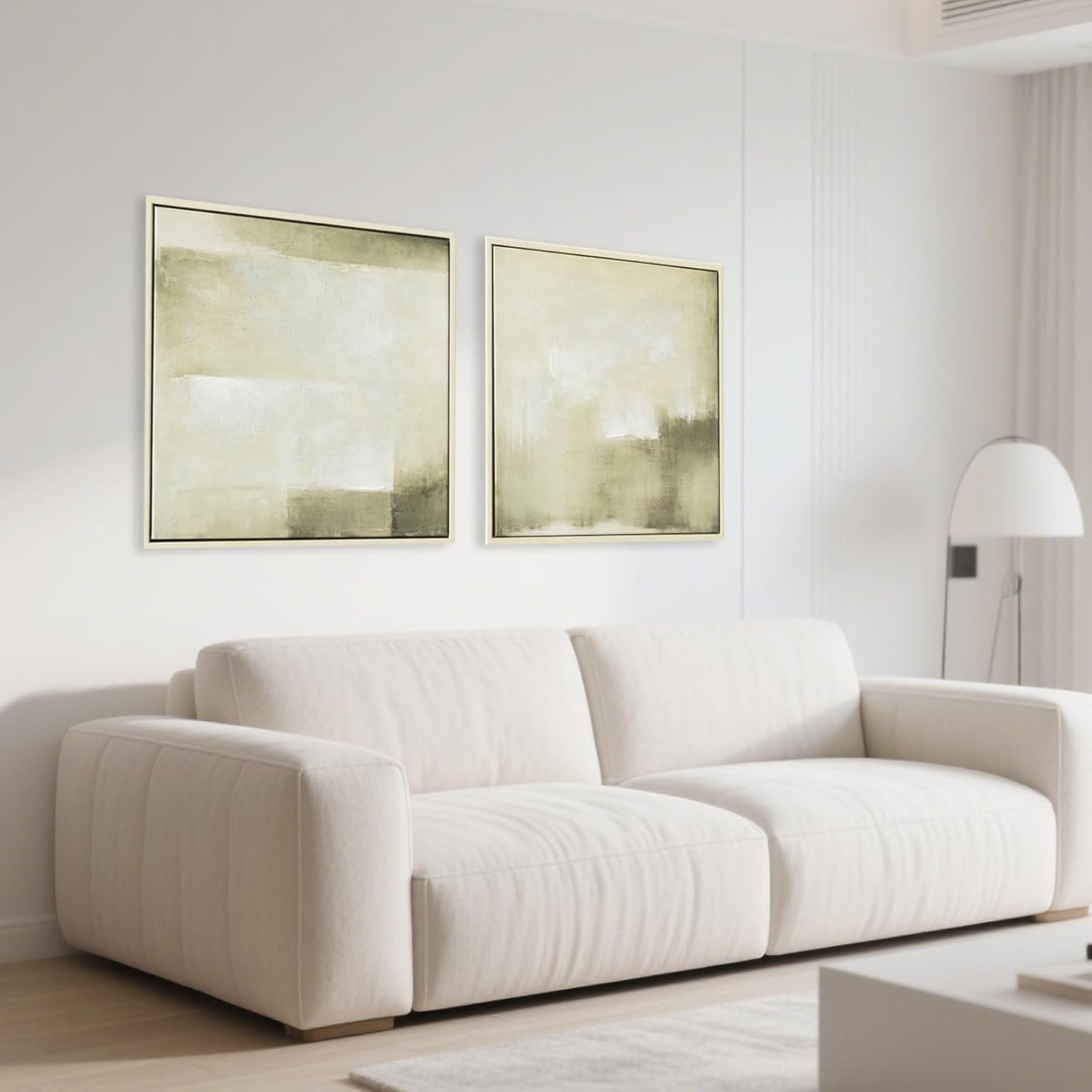 Framed Green Abstract Wall Art, Hand Painted Modern Canvas Print Artwork, Square Minimalist All Green Abstract Pictures for Living Room, Hallway Fireplace Bedroom Home Office Wall Decor 17x17 In 2pack