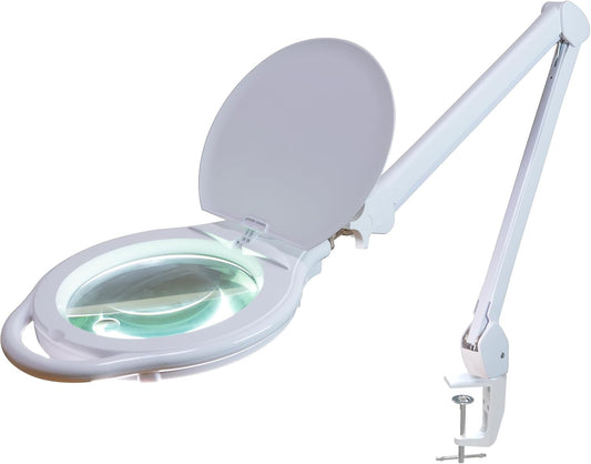 Neatfi Elite XL HD Super LED Magnifying Lamp, 3 Diopter with 12 Diopter, Dimmable, 3 Light Modes (3000K/4000K/6500K), Glare-Free, Adjustable Arm (White, 7-Inch Glass Lens with Clamp)