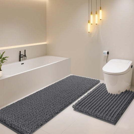Upgrade Luxury 2 Piece Dark Gray Toilet Bathroom Rug Mat U Shape 24"x20"+48"x20", Ultra Soft Thick Absorbent Bath Mats, Non Slip Chenille Toilet Mat for Bathroom, Bedroom, Kitchen, Shower, Tub