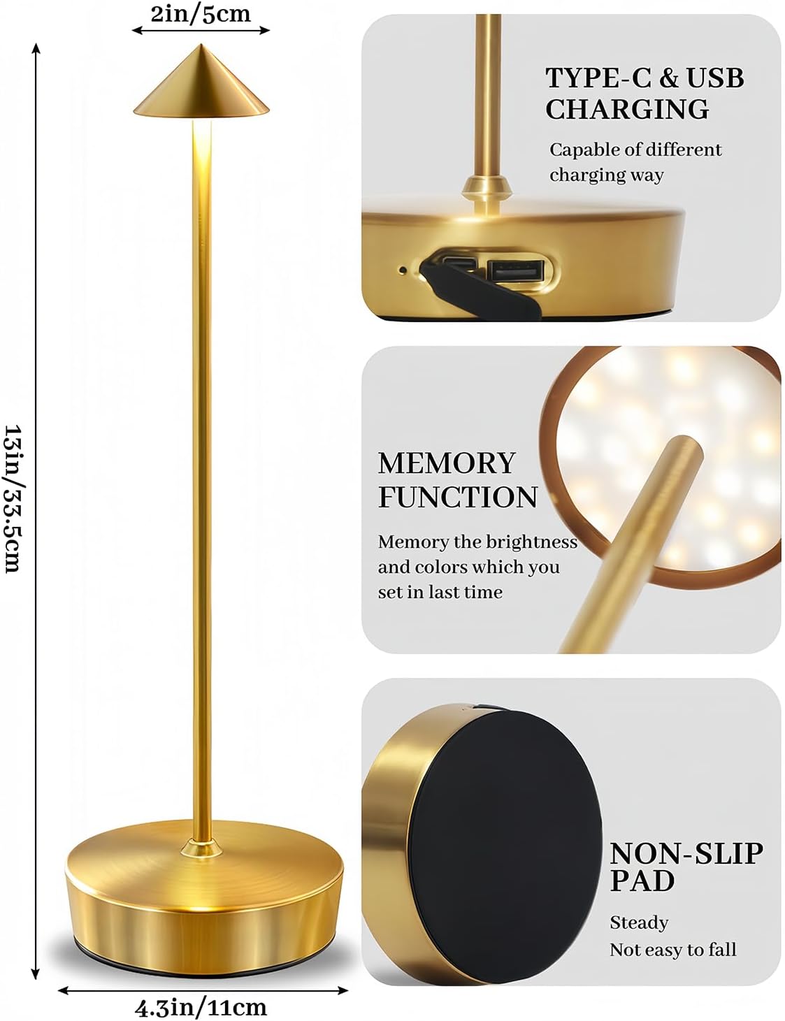 2 Packs Gold Cordless Rechargeable Table Lamp 7200mAh Portable Touch Control Led Waterproof Golden Table Lamp for Bedroom Reading