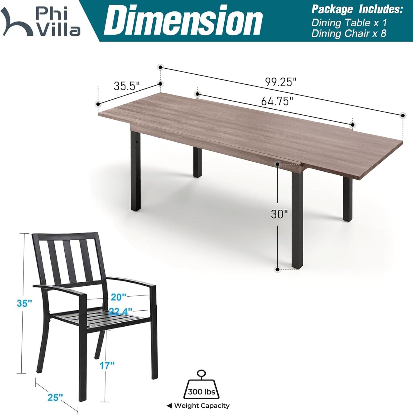 PHI VILLA 9 Piece Outdoor Dining Set for 8, Expandable Wood-Like Metal Dining Table & Wrought Iron Stackable Chairs, Large Dining Furniture for Patio, Deck, Backyard, Porch