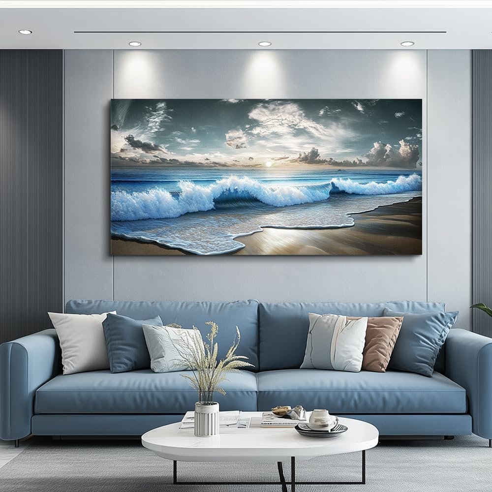 MHARTK66 Blue Ocean Canvas Wall Art Large Paintings For Living Room Landscape Nature Artwork For Walls Wall Decor For Bedroom Beach Pictures Wall Art Modern Office Waves Poster Decorations 24x48