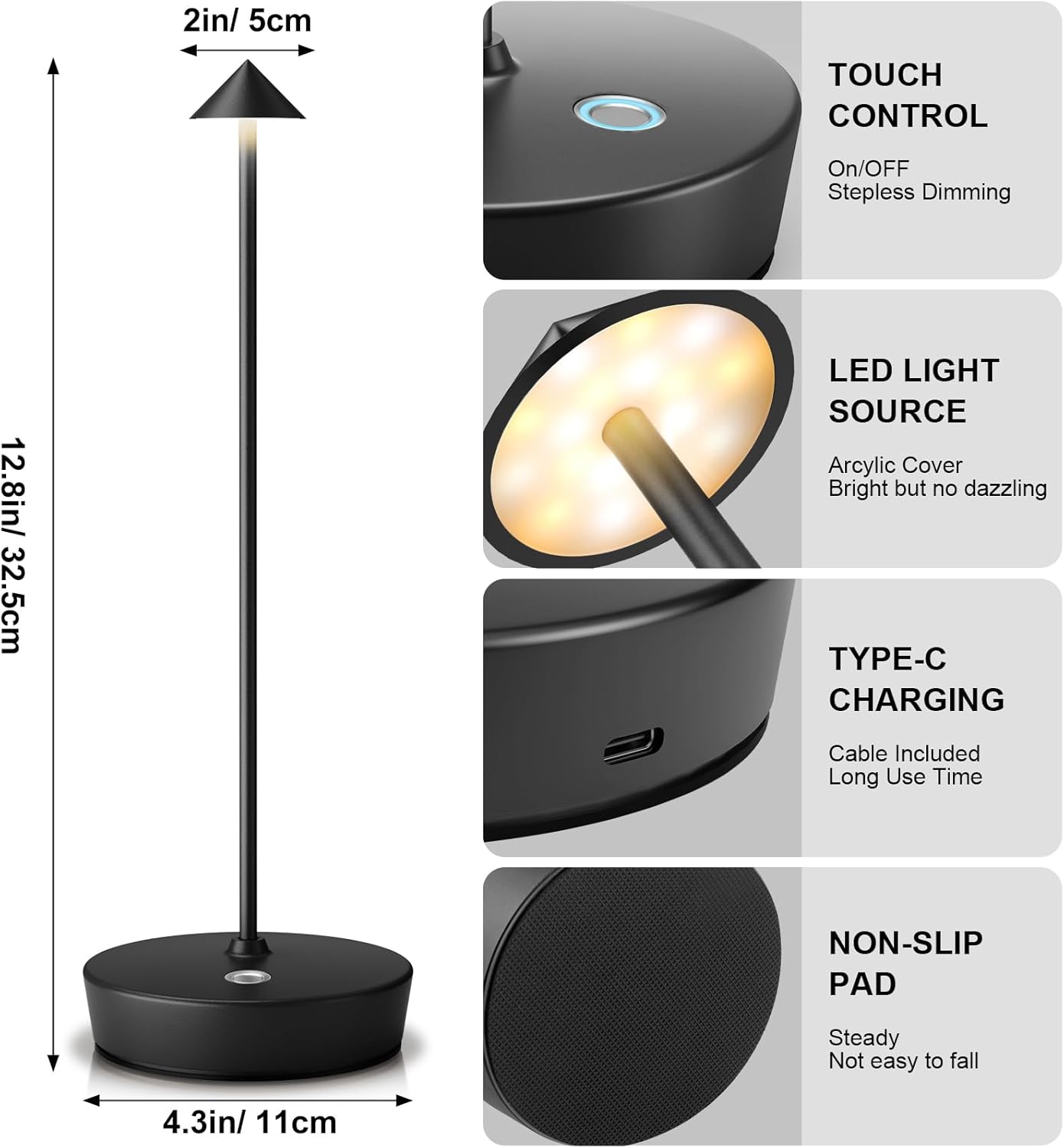 2Pack Rechargeable Cordless Table Lamp, Portable Powered LED Battery 6000mAh Metal USB Desk Lamp, 3 Levels Brightness Light for Restaurants Outdoor (2pack Black)