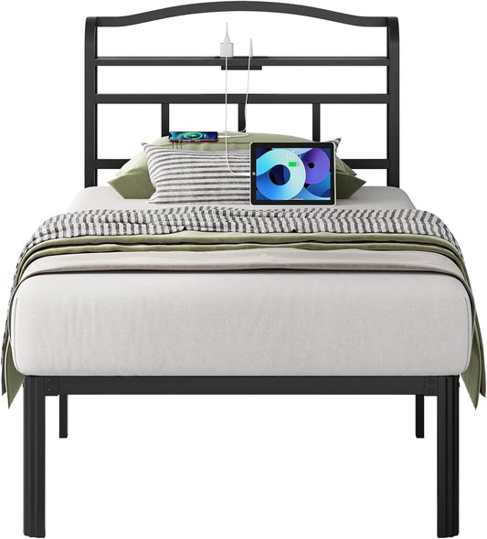 UOMEUR Metal Bed Frame with Headboard and USB & Type C Charging Station, Heavy Duty Metal Bed Frame No Box Spring Needed with Ample Storage Space - Easy Assembly and Noise Free(Black, Twin)