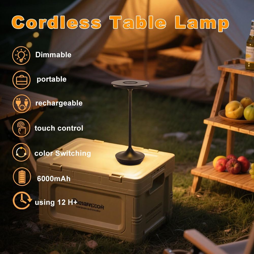 EJQ Cordless Table Lamp Rechargeable, 6000mAh Battery Operated LED Table Lights Outdoor Portable Touch Dimmable Table Lamp for Bedroom Patio Cofee Restaurant Dining Home Set of 2-Black
