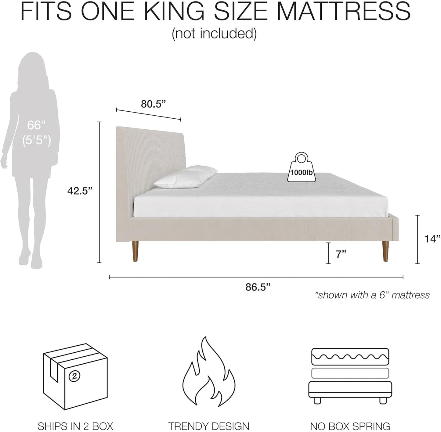 Mr. Kate Daphne Upholstered Bed with Vertical Channel Tufted Headboard, King, Ivory Velvet