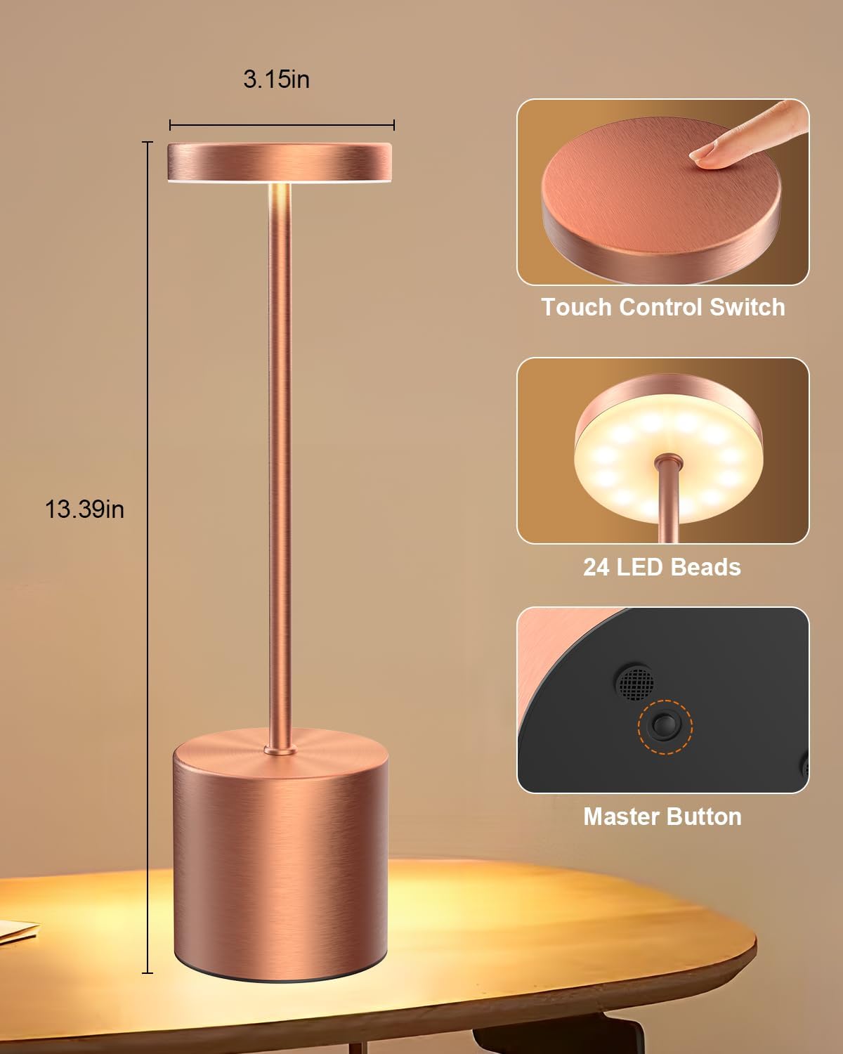 Cordless Table Lamps Rechargeable Set of 2, Portable LED Desk Lamp, 5000mAh Battery Powered Wireless Table Light - 3 Color Dimmable Lighting for Restaurant Dining Patio Outdoor Bedroom(Rose Gold)