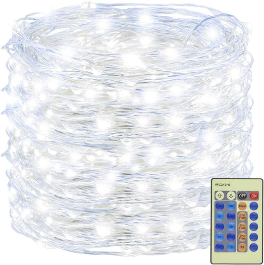 Decute 300LED 99FT Fairy String Lights Christmas Lights Silver Wire with Remote, Firefly Starry Light for DIY Christmas Tree Costume Wedding Party Table Centerpiece Decor Cool White