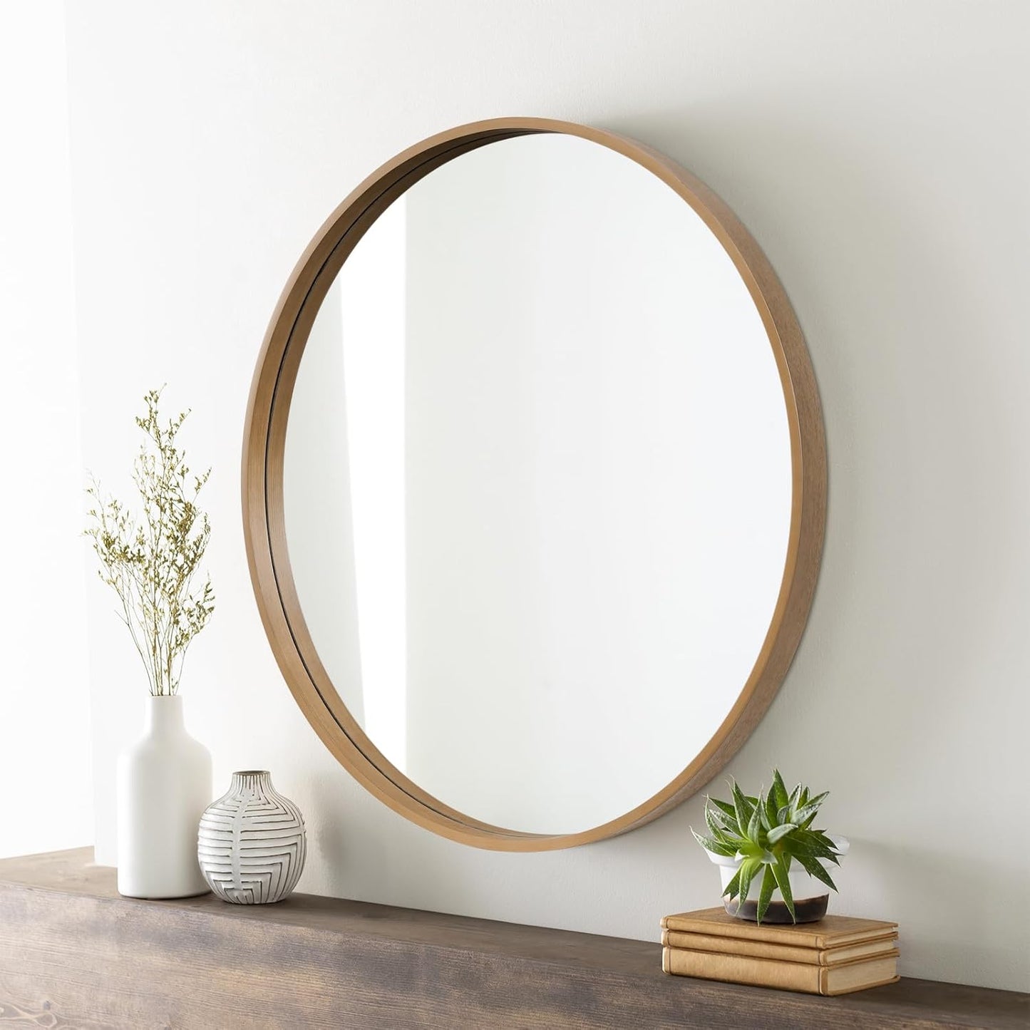WallBeyond Round Wood Mirror 28" Circle Wall Mirror for Bathroom Round Wall Mirror for Wall Decor, Vanity, Entryway Living Room, Honey