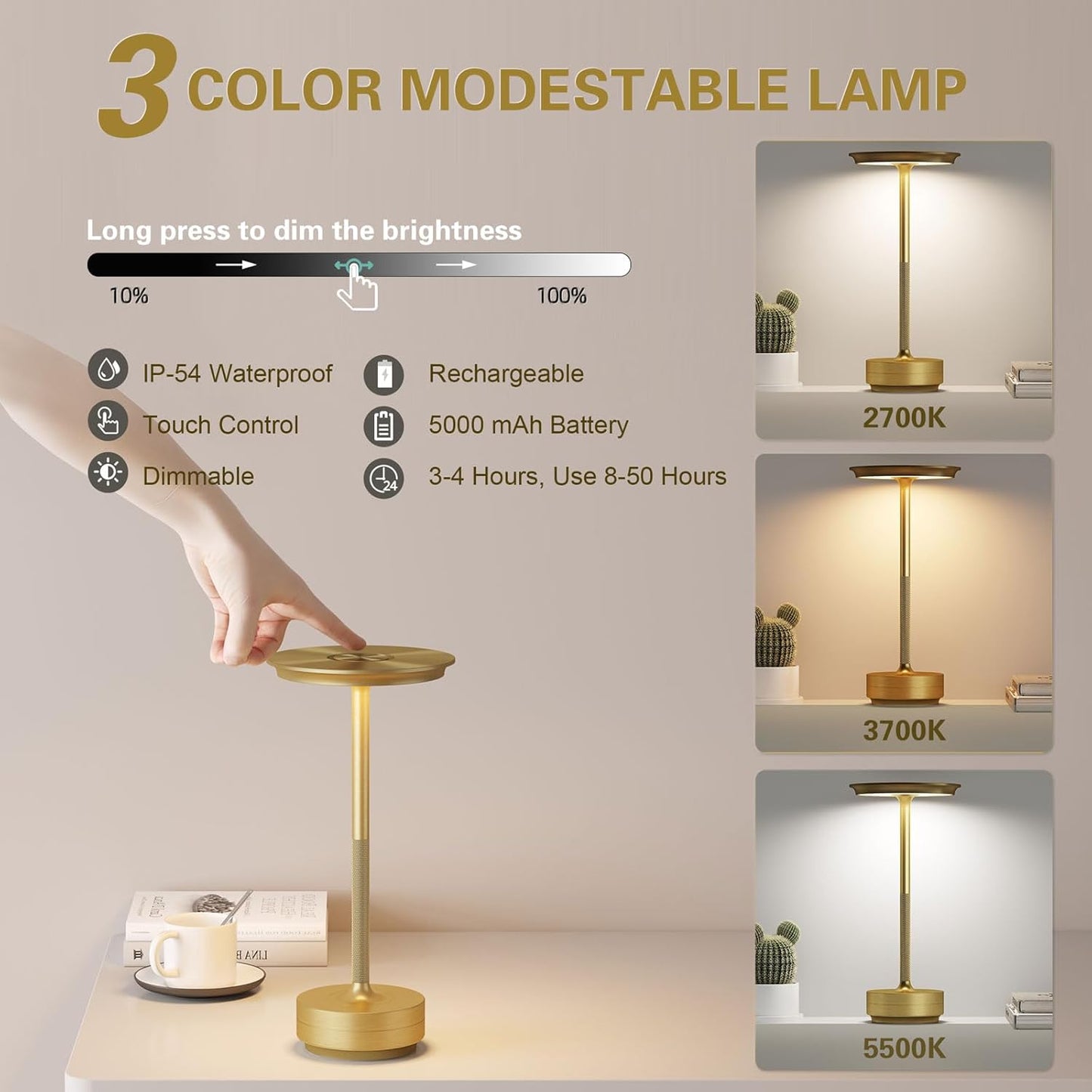 Cordless LED Table Lamp,Portable Rechargeable USB-C Battery Operated Table Lights IP54 Waterproof 3 Levels Brightness Light with Memory Function,for Terrace, Western Restaurant, Cafe(Gold)