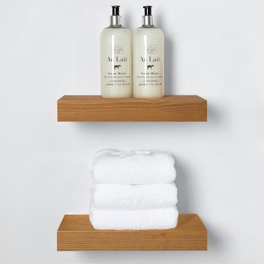 Homeforia 12 inch Golden Oak Floating Shelf, High End Solid Real Wood 12inch Small Floating Shelves for Wall Mounted, Oak Wooden 12in Floating Shelves, Heavy Duty Bracket, 12 X 6.5 X 1.75 in, Set of 4