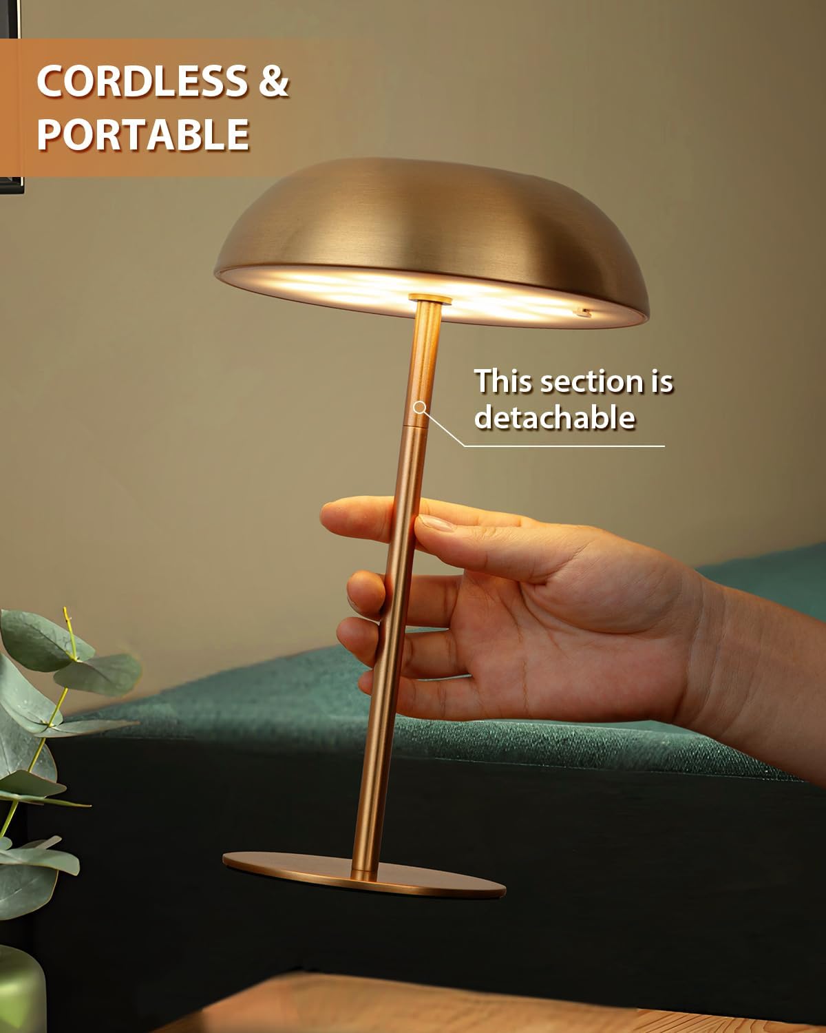Gold Cordless Table Lamp – Rechargeable Touch Lamp with 3-Color Dimming & Adjustable Height，Battery Powered lamp for Bedside, Bar, Desk, Outdoor Patio,Restaurant，Modern Luxury Decor