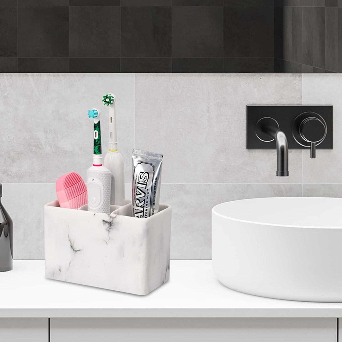 Bathroom Toothbrush Organizer Countertop-Toothpaste Storage Shaving Razor Holder/toothbrish Hanger/Vanity Counter Set… (White 4 Small Slot)