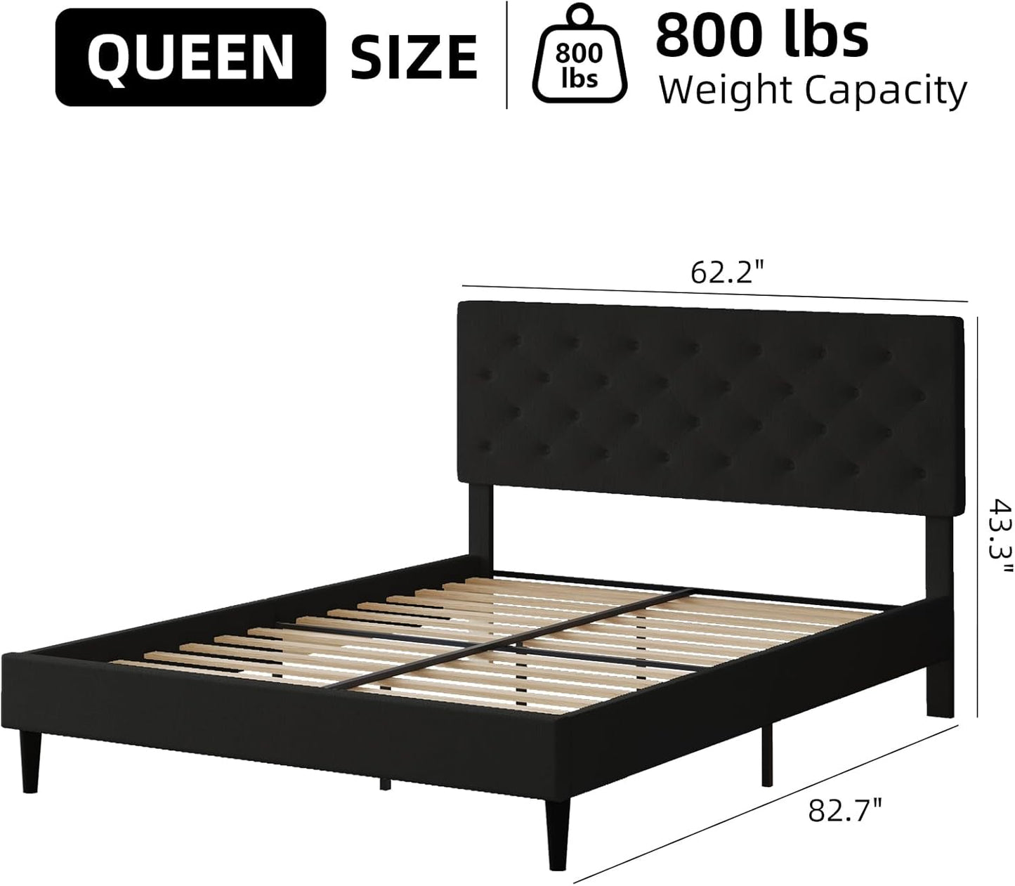 HOMBCK Queen Size Bed Frame with Headboard, Linen Fabric Upholstered Platform Bed Frame, Button Tufted Bed Frame Queen, Wooden Slat Support, No Box Spring Needed, Easy Assembly, Black