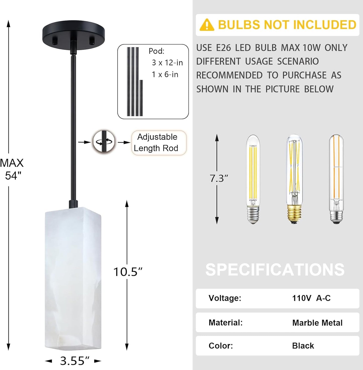 1 Light Modern Industrial Farmhouse Hanging Kitchen Island Pendant Ceiling Light Fixture,Square Natural Alabaster Marble Black Finish Over Sink Restaurant bar Corridor