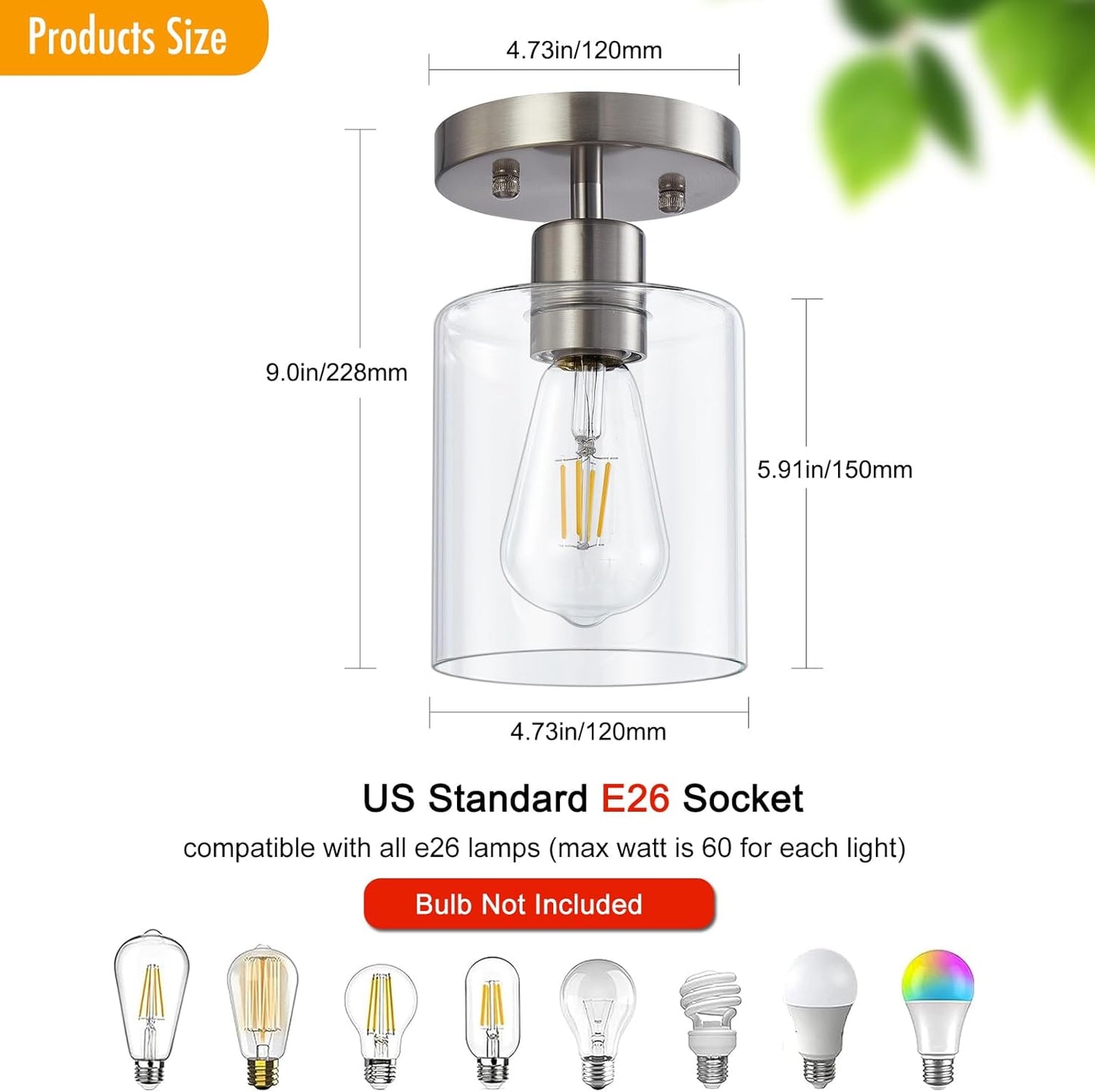 1 Light Semi Flush Mount Ceiling Light, Brushed Nickel Ceiling Light Fixtures, Modern Light Fixtures Ceiling Mount, Ceiling Lights with Glass Shade for Hallway Kitchen Foyer Porch Bedroom-1pack