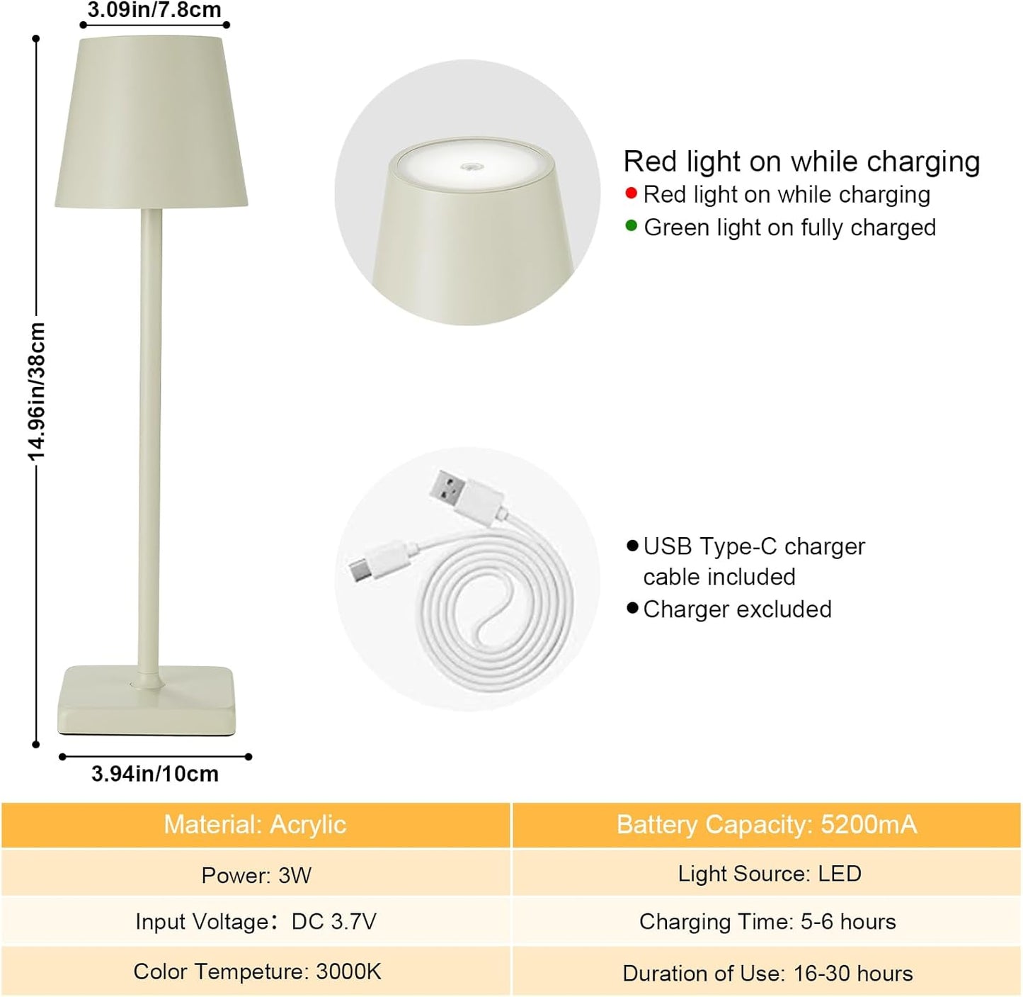 2 Pack Rechargeable Cordless Table Lamps, 5200mAh Battery Touch Table Light, Aluminum Shell Stepless Dimmable Portable LED Desk Lamp for Dinner/Restaurant/Outdoor Cream