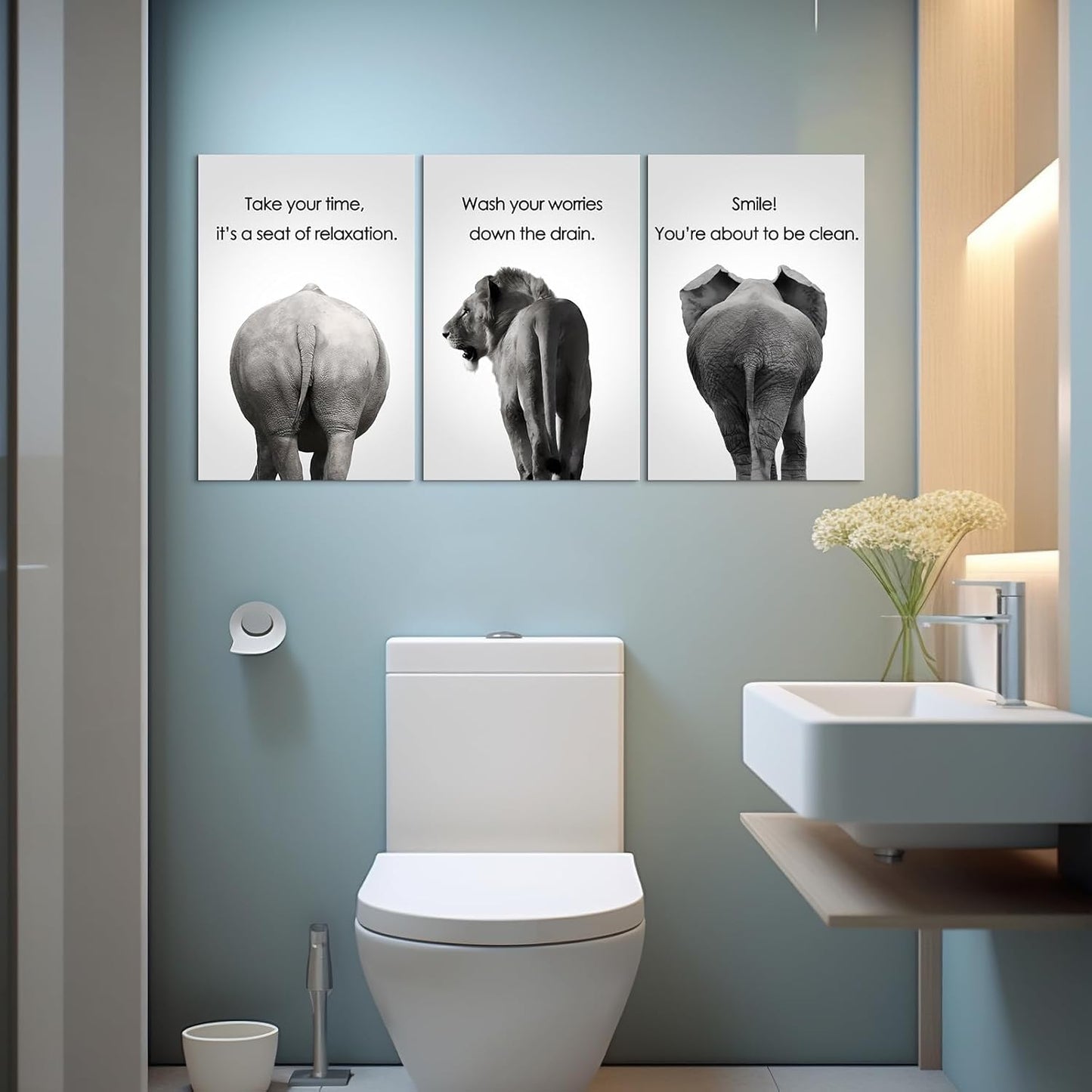 Mistyefly 3 Pieces Bathroom Wall Art - Funny African Animal Canvas With Quotes for Decor (20"Wx28"Hx3PCS)