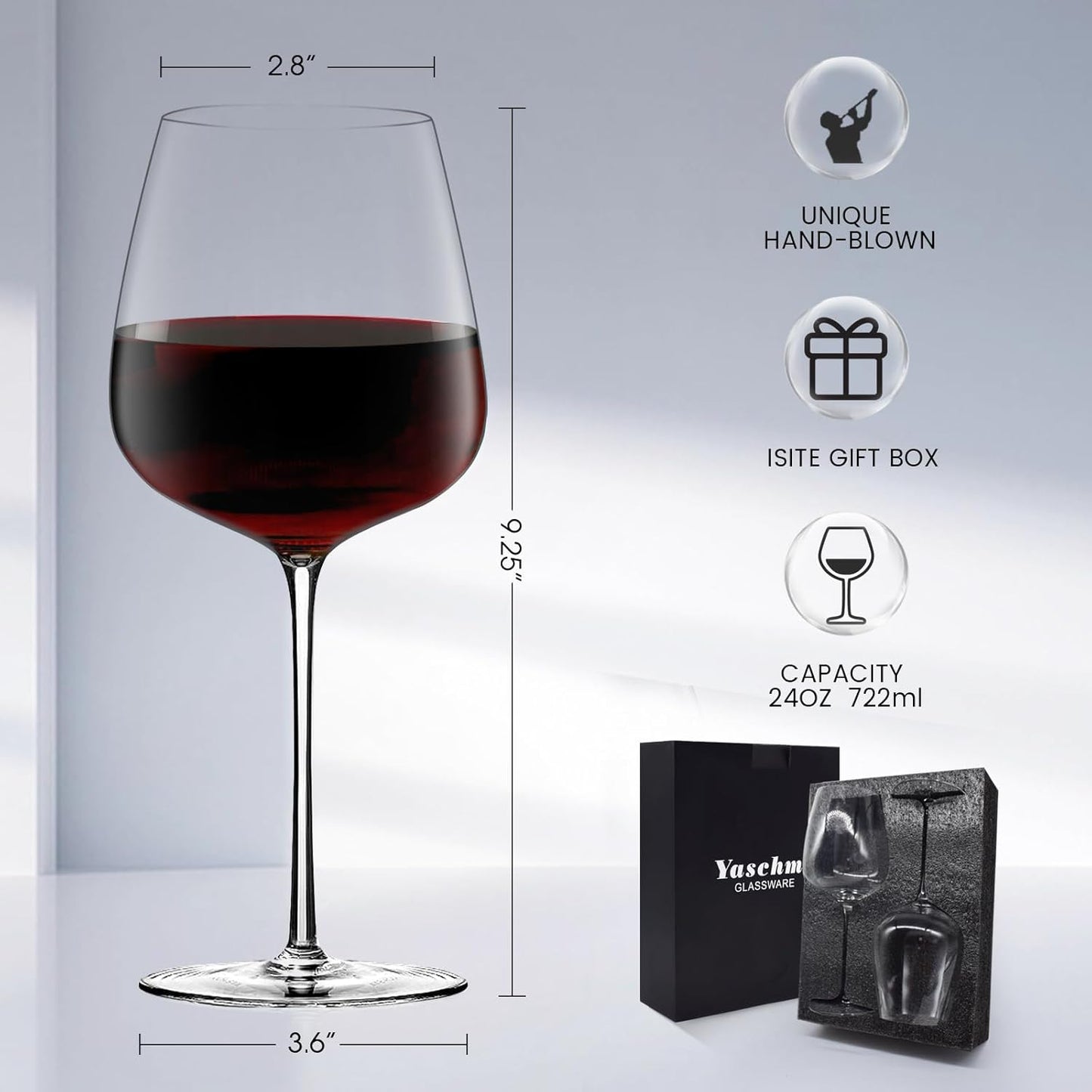 Red Wine Glasses Set of 4, 24oz Large Wine Glasses, Hand Blown Crystal, Ultra-Thin Rim, Long Stem, Lightweight, Ideal Gift for Wine Tasting, Mother's Day, Wedding, Anniversary, Birthday