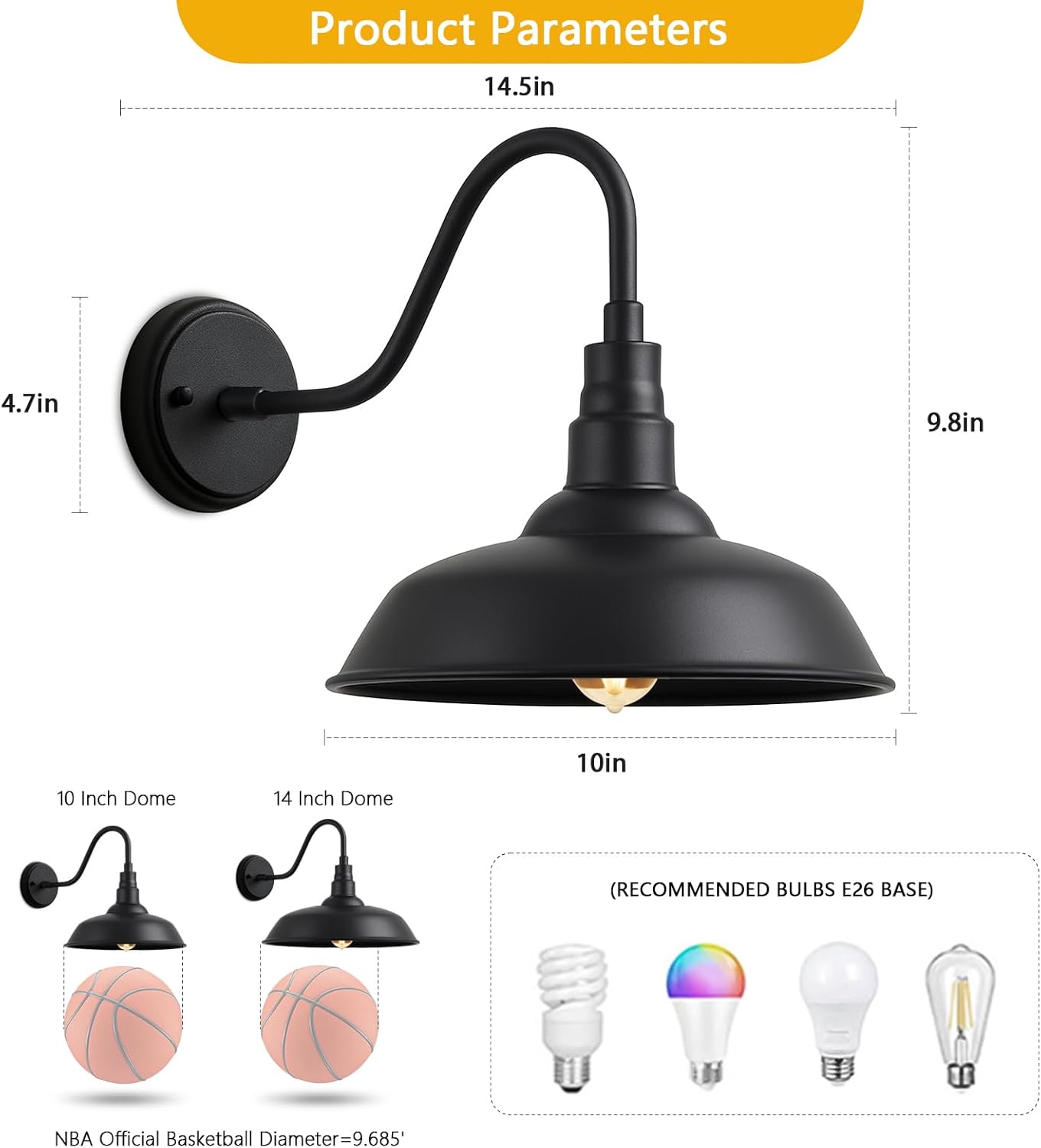 10" Outdoor Barn Gooseneck Light, Classic Farmhouse Style Black Outdoor Light Fixture, Industrial Wall-Mounted Barn Light for Garage, Porch, and Patio, 2-Pack