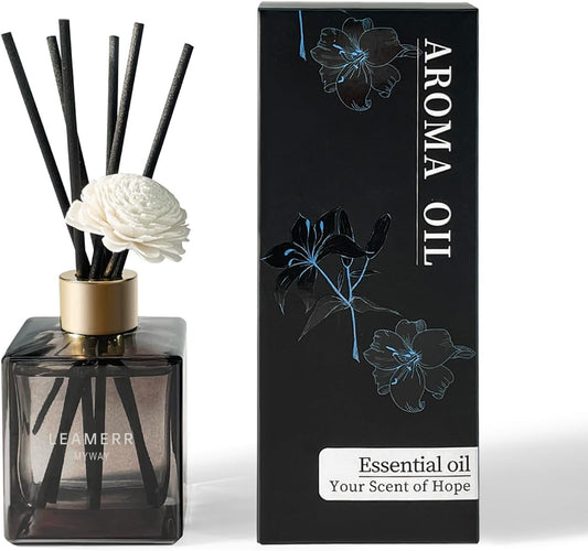 Reed Diffuser Set, 6.1 oz (180 ml) My Way Woody Fragrance Diffuser with 6 Reed Sticks and Scented Diffuser Flower Long-Lasting Home Fragrance Reed Diffuser for Home Room Office Bathroom Shelf Decor