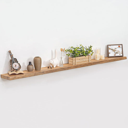 Fun Memories Floating Shelves for Wall Decor, Rustic Solid Elm Wood Live Edge Floating Shelves Wall Mounted, Heavy-Duty Shelf with Invisible Bracket for Living Room Kitchen, 72 Inch Set of 1, Natural