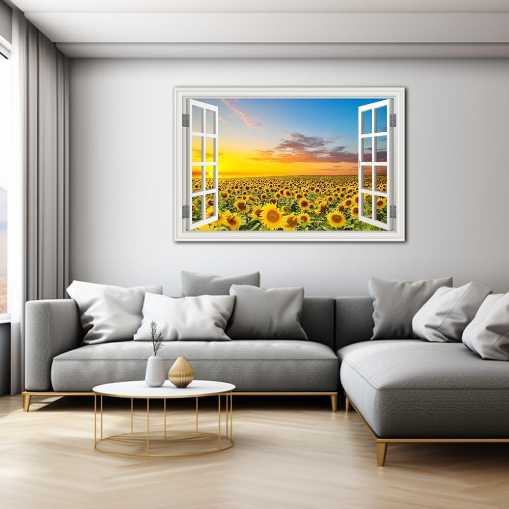 Sunflower Wall Art Decor Flower Canvas Pictures for Living Room Rustic Painting for Wall Window Style Sunset Art Prints for Bedroom Nature Floral Landscape Artwork for Home Office Kitchen Decorations,
