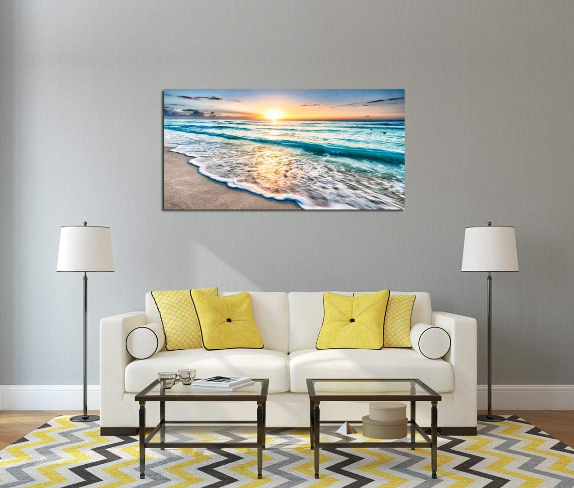 Baisuart S02262 Canvas Prints Wall Art Beach Sunset Ocean Waves Nature Pictures Stretched Canvas Wooden Framed for living Room Bedroom and Office
