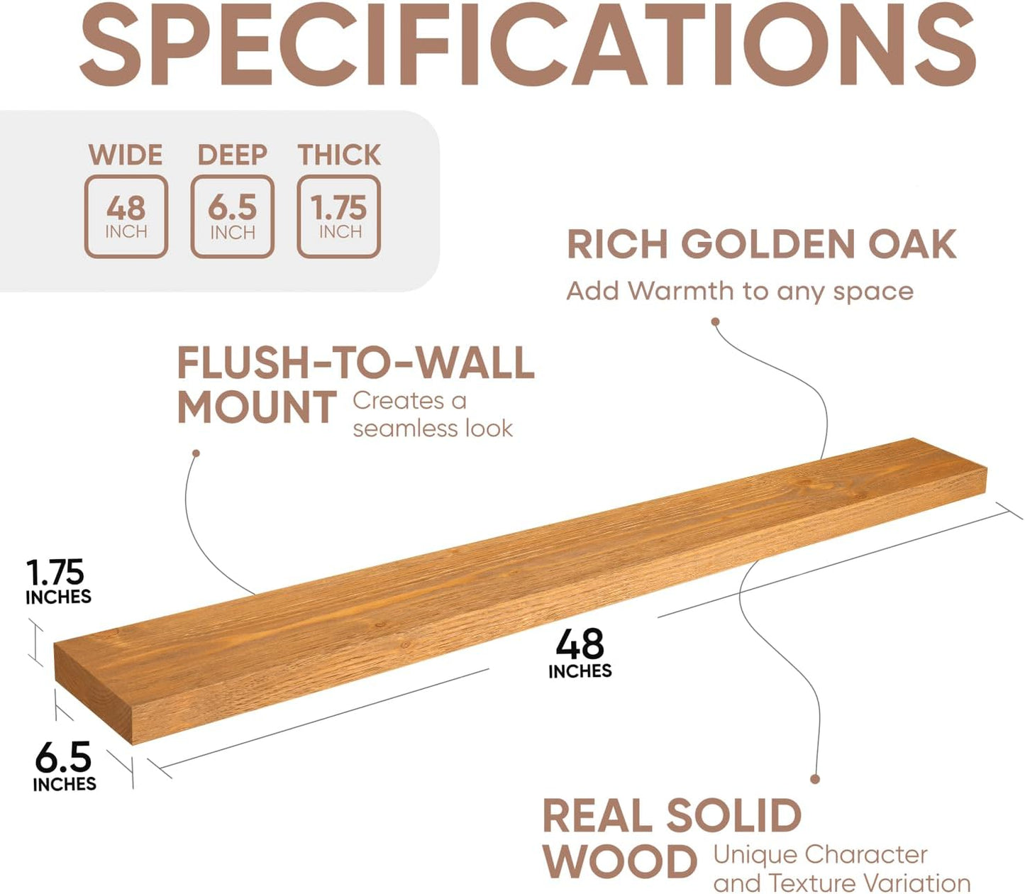 Homeforia 48 inch Golden Oak Floating Shelf, High End Solid Real Wood 48inch Small Floating Shelves for Wall Mounted, Oak Wooden 48in Floating Shelves, Heavy Duty Bracket, 48 X 6.5 X 1.75 in, Set of 3