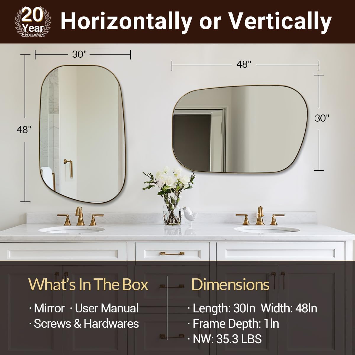 ANDY STAR 30"x48" Gold Wall Mirror，Brushed Brass Irregular Bathroom Mirror with Stainless Steel Metal Frame, Large Asymmetrical Mirror for Bathroom, Entryway (Horizontal/Vertical)