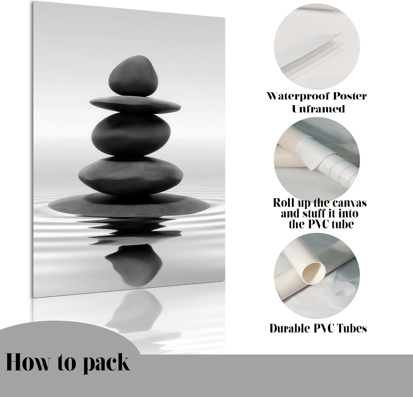 DCMVJHZV Black and White Bathroom Unframed Poster Zen Bathroom Wall Decor Stones in the Water Wall Art Yoga Meditation Picture Print Spa Room Bedroom Living Room Painting(12"x16")