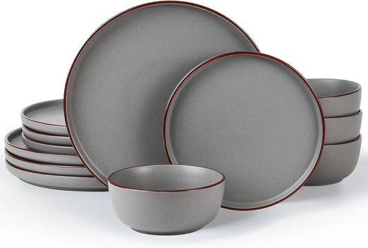 Famiware Mercury Plates and Bowls Sets, 12 Pieces Stoneware Dinnerware Sets, Dishes Set for 4, Microwave and Dishwasher Safe, Dark Grey