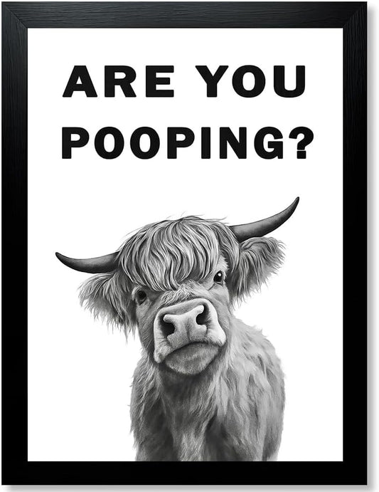 Black and White Bathroom Wall Art Funny Animal Decor Are You Pooping Cow Wall Art Canvas Print Picture (Cow Are You Pooping, 14"L x 11"W, Framed)