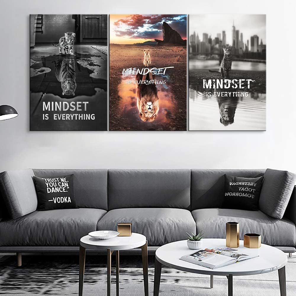Mindset Is Everything 3-Piece Motivational Canvas Wall Art - Framed Inspirational Quotes for Office, Classroom, Home Decor (24''Wx36''Hx3PCS)