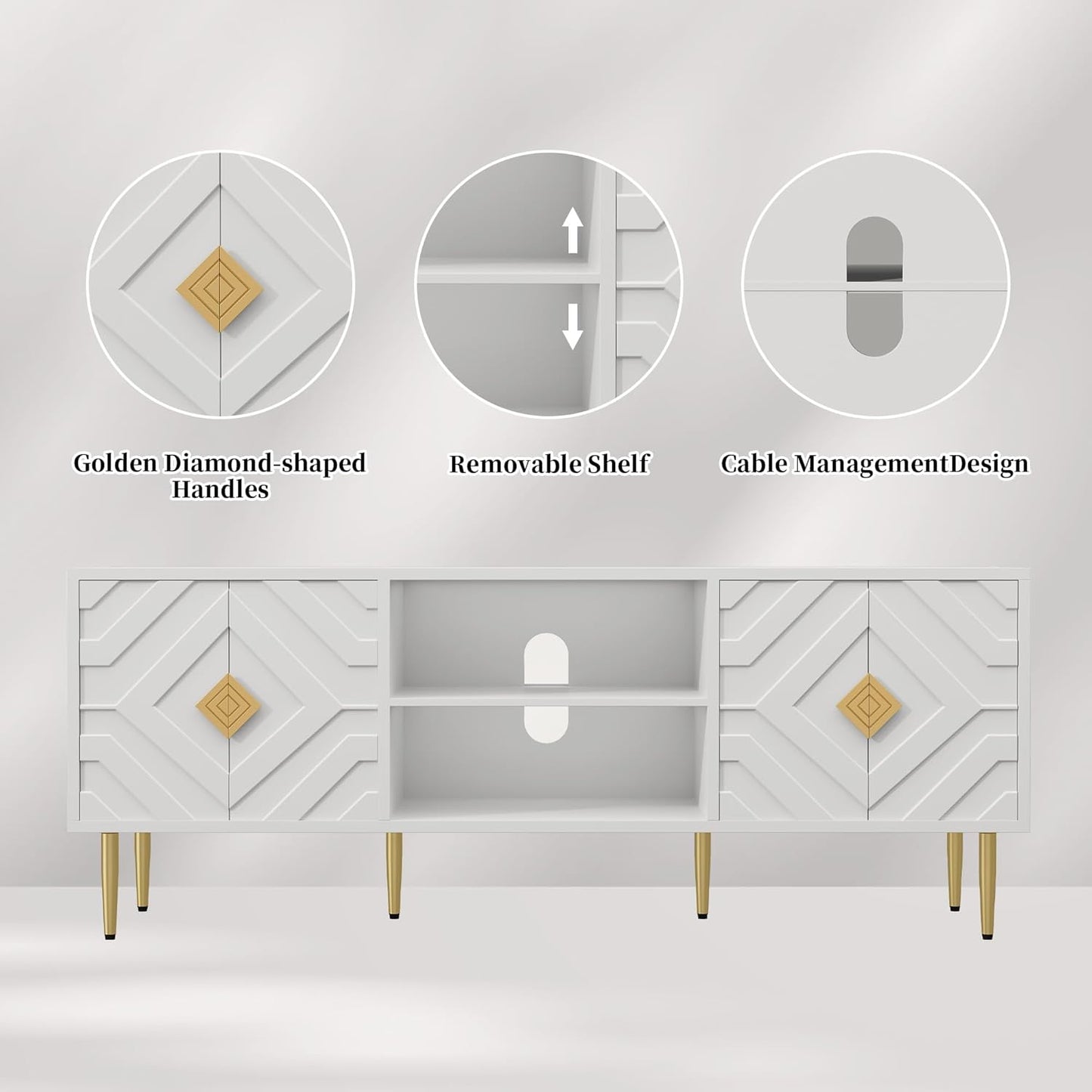 HLR 63'' White TV Stand for 65/70/75 inch TV, Entertainment Center with Storage Cabinets and Embossed Pattern Doors, Mid Century Modern Media TV Console Table for Living Room Bedroom