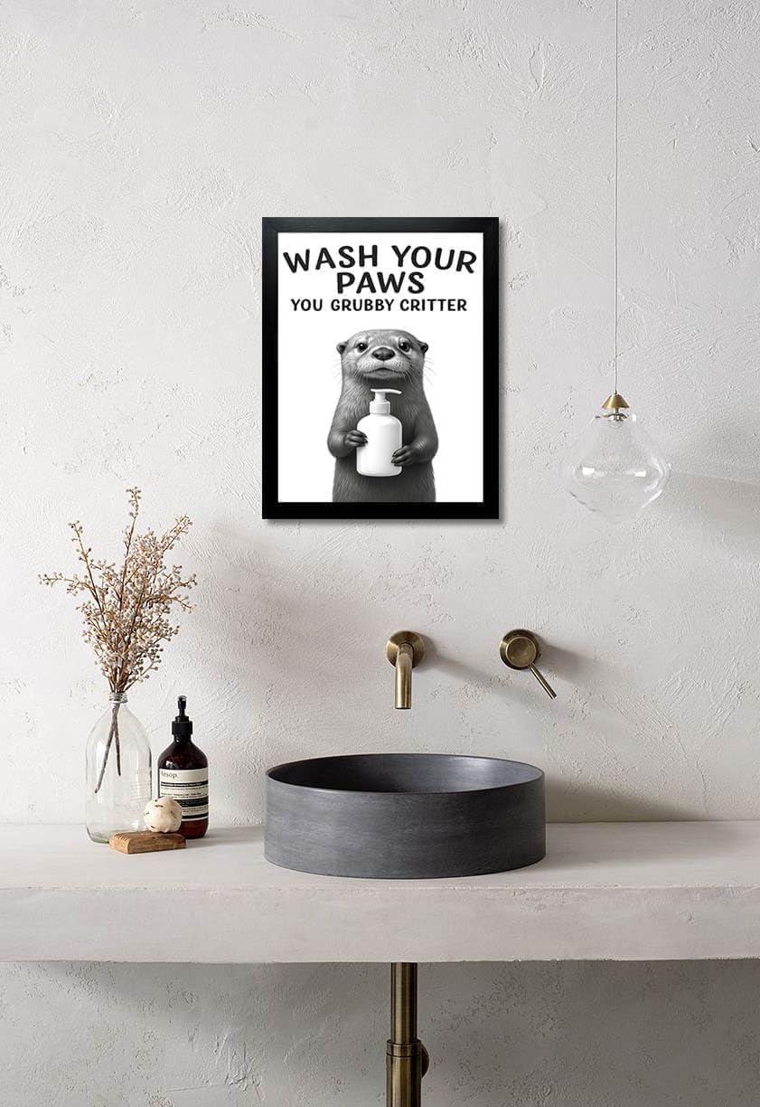 Funny Bathroom Wall Art - "Wash Your Paws" Black and White Framed Otter Print - Instant Ready to Hang Bathroom Wall Decor (Otter, 10"L x 8"W, Framed)