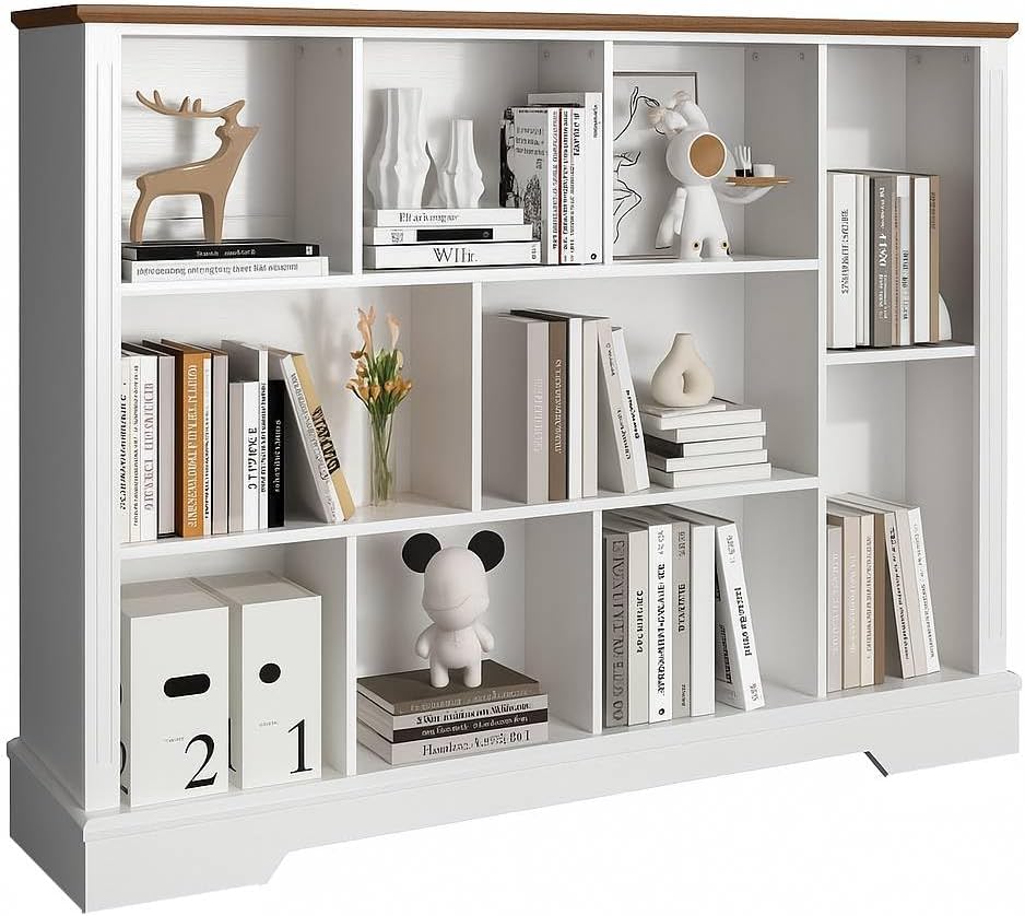 10-Cube Storage Organizer with Adjustable Shelf, Farmhouse Cube Bookcase with Fluted Front Trim for Living Room, Bedroom & Home Office – White