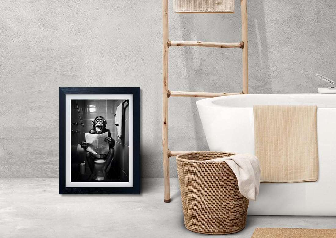Black and White Bathroom Wall Art Monkey Reading Newspaper Toilet Humor Decor Funny Bathroom Wall Decor Framed Animal Canvas Print Artwork