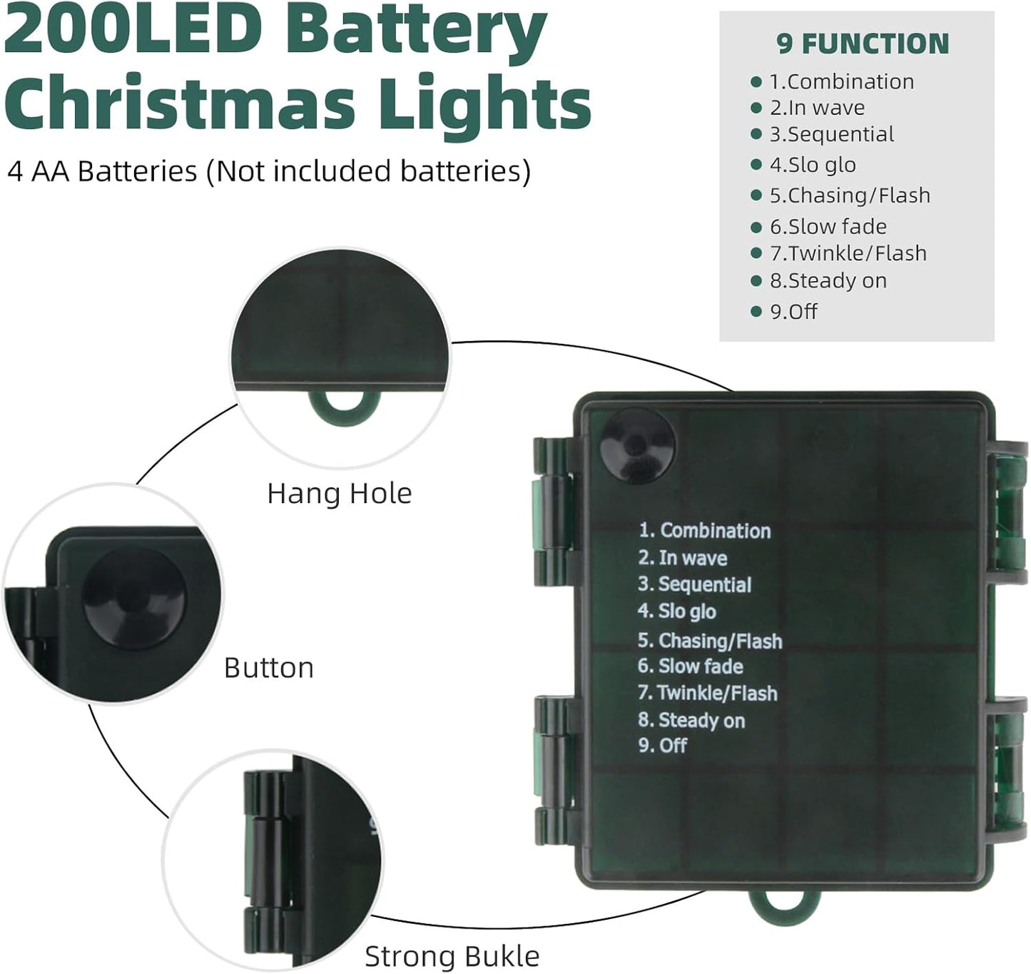 Christmas Lights 66ft 200 LED Battery Operated String Lights with Timer Memory Function or Battery Powered Waterproof Fairy Light for Indoor Outdoor Decoration