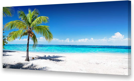 Baisuart Large Canvas Wall Art Summer Ocean Waves Coconut Trees on Sands Beach Seascape Painting Sea Nature Pictures for Living Room Home Office Wall Decor Artwork XXLarge 30x60inch