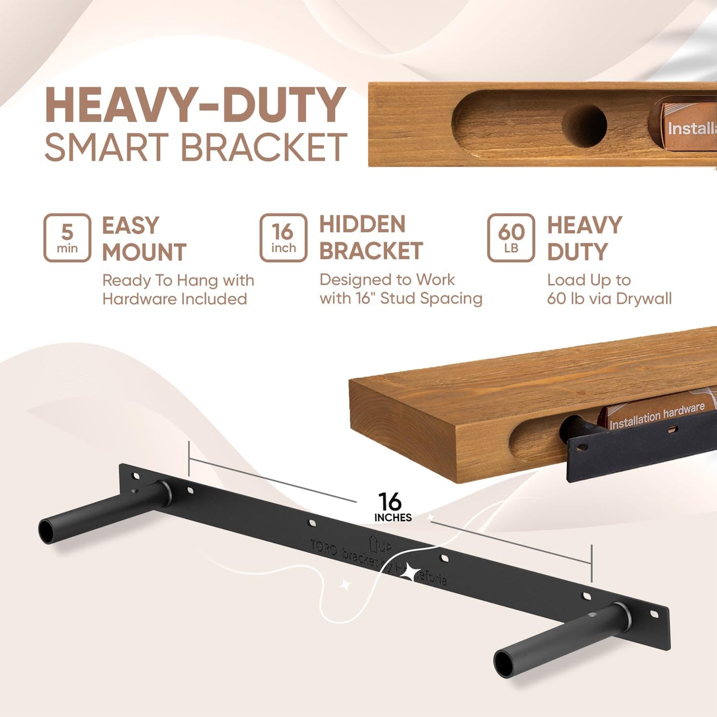 Homeforia 36 inch Golden Oak Floating Shelf, High End Solid Real Wood 36inch Small Floating Shelves for Wall Mounted, Oak Wooden 36in Floating Shelves, Heavy Duty Bracket, 36 X 6.5 X 1.75 in, Set of 4